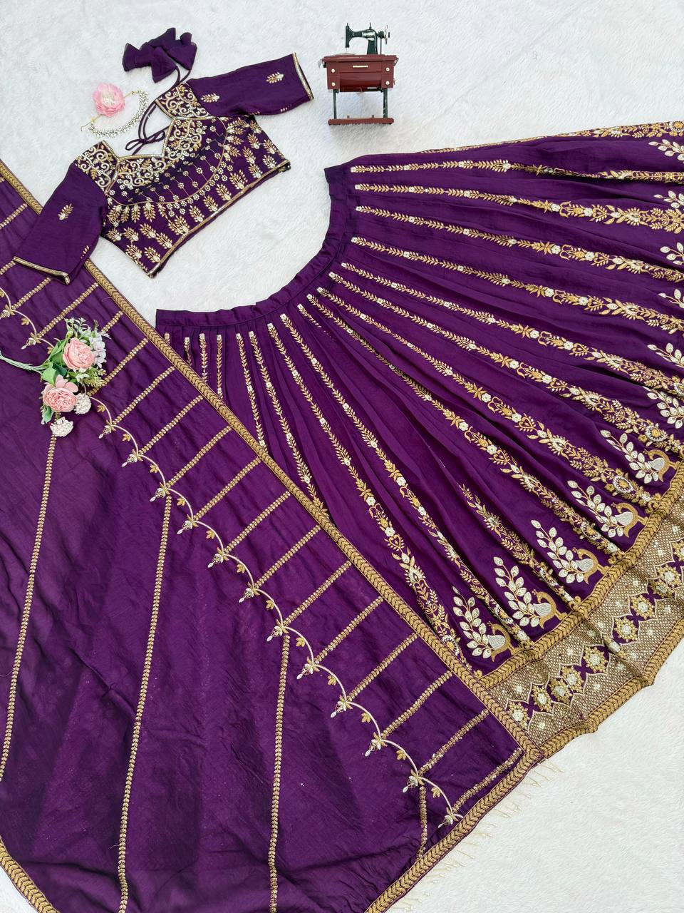 Gorgeous Purple Vichitra Silk with Thread and Sequence Work Lehenga