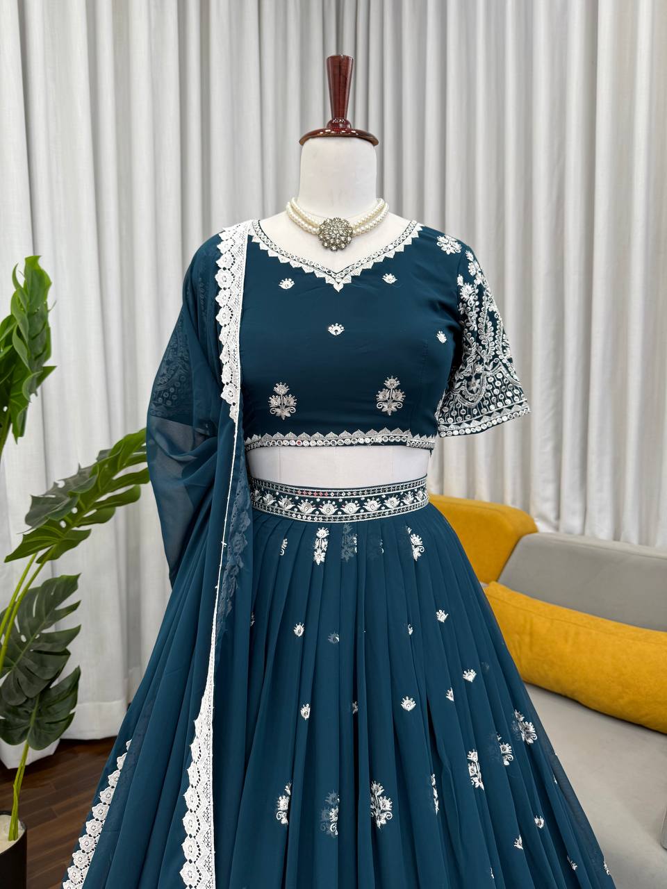 Elegant Teal Blue Foux Georgette with Sequence Work Lehenga