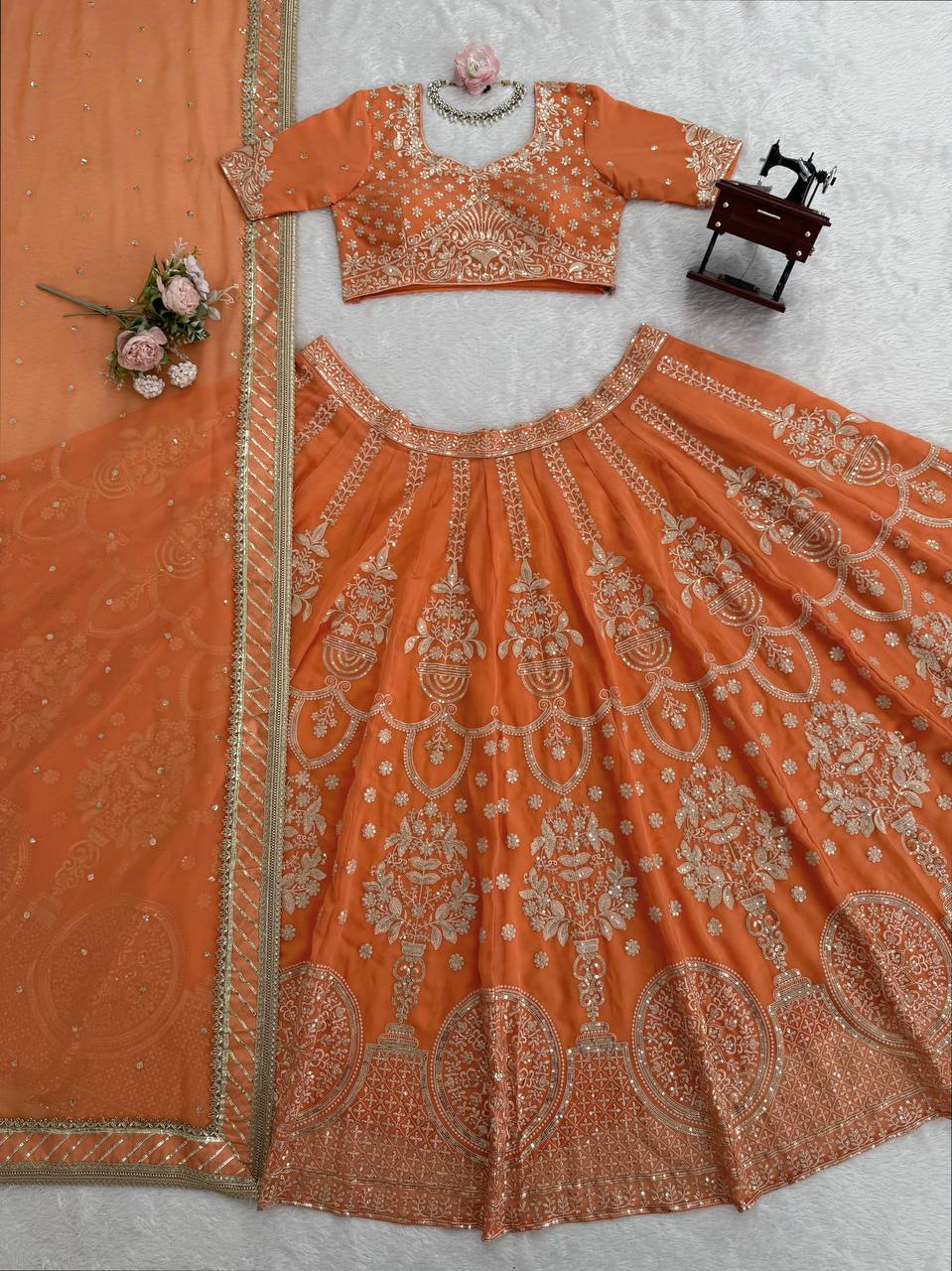 Marvelous Orange Foux Georgette with Thread and Sequence Work Lehenga
