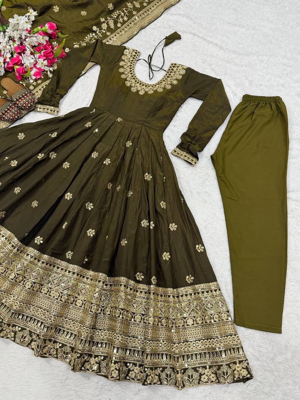 Exclusive Olive Vichitra Silk with Sequence Work Anarkali