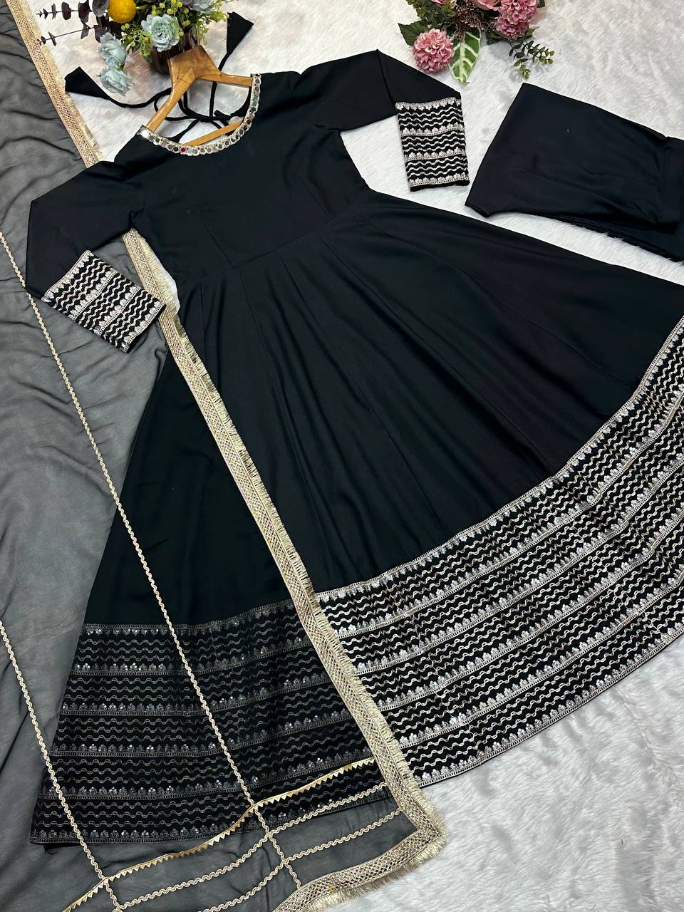 Elegant Black Rayon with Embroidered Work Gown