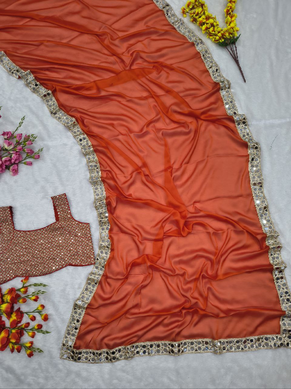 Celerity Look Orange Silk Mirror Border Saree