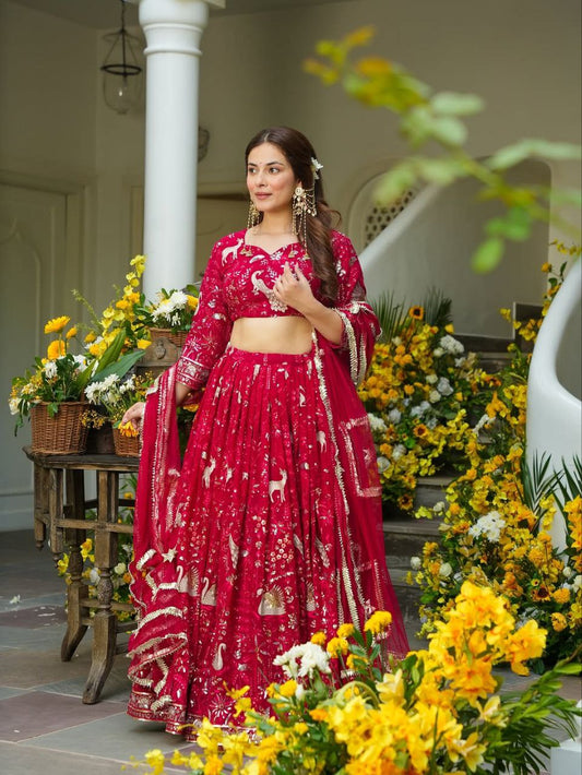 Stunning Red Faux Georgette Embroidery Lehenga Choli
