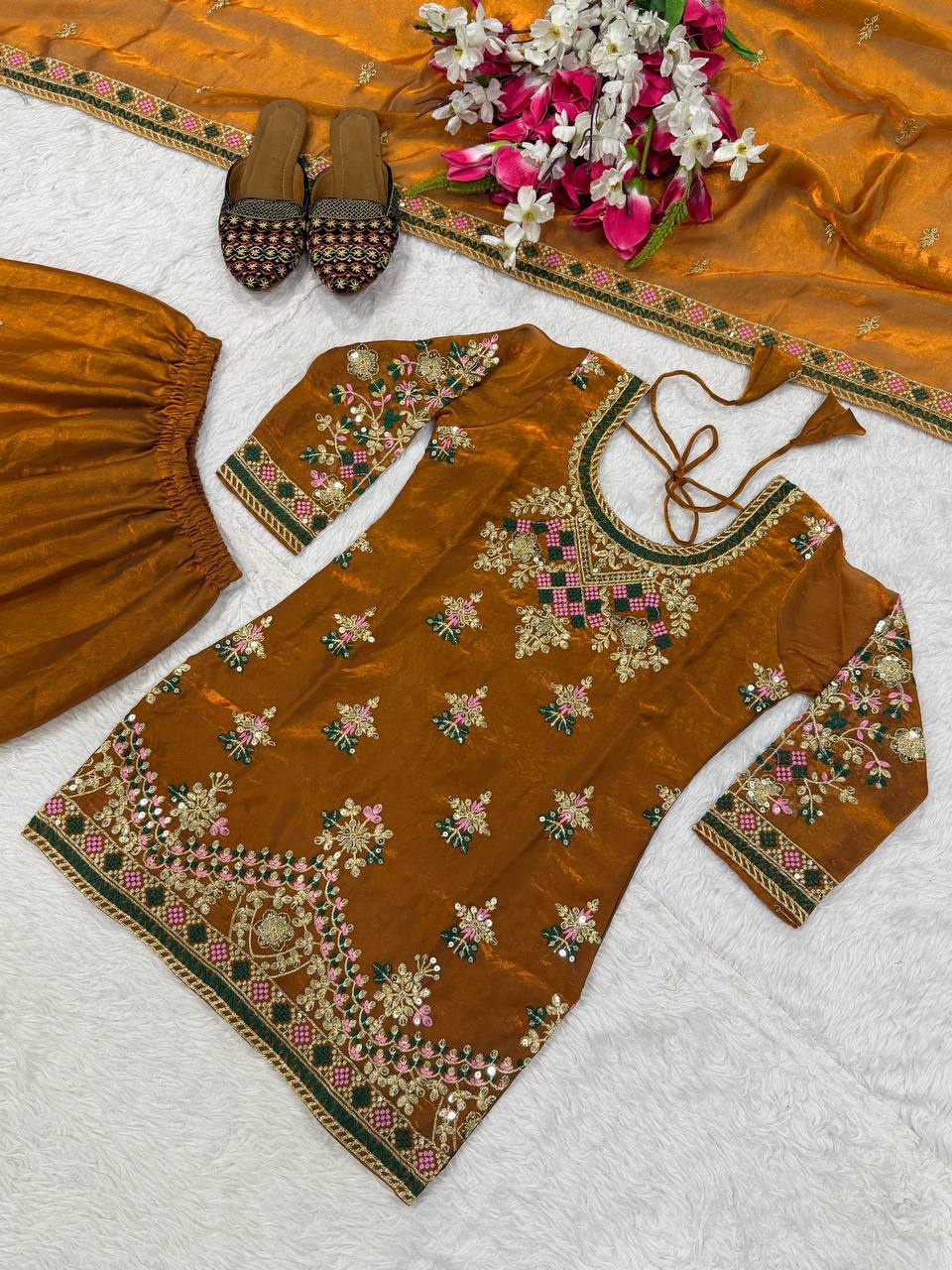 Lovely Brown Silk with Embroidery Work Sharara Suit