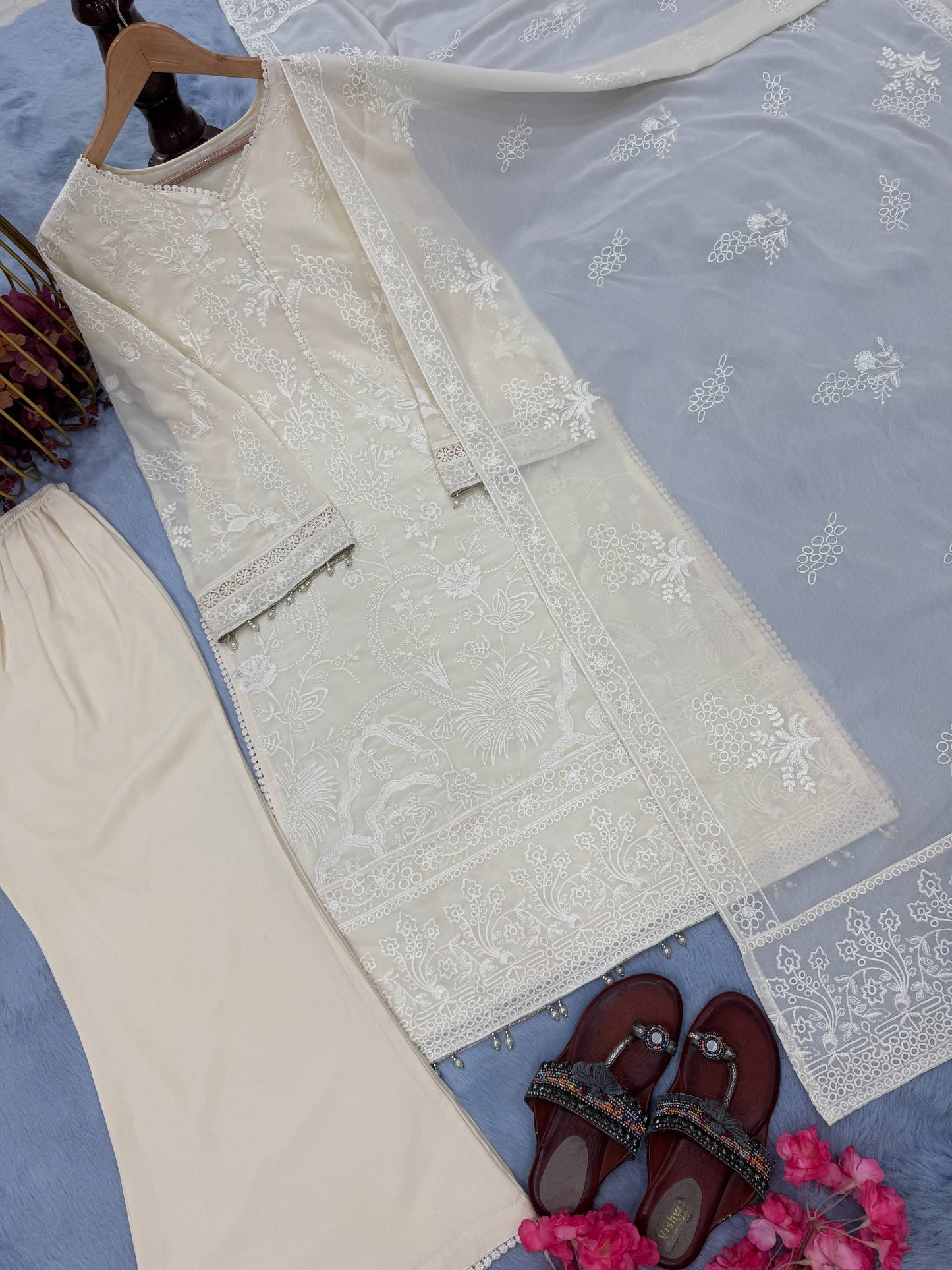 Amazing Off White Embroidered Georgette Palazzo Suit