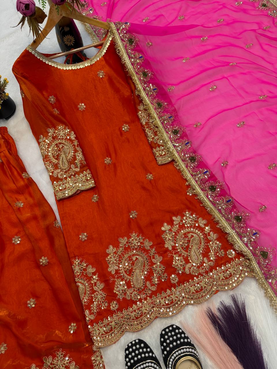 Stunning Orange Heavy Fandy Crushi Silk Embroidery Work Sharara Suit