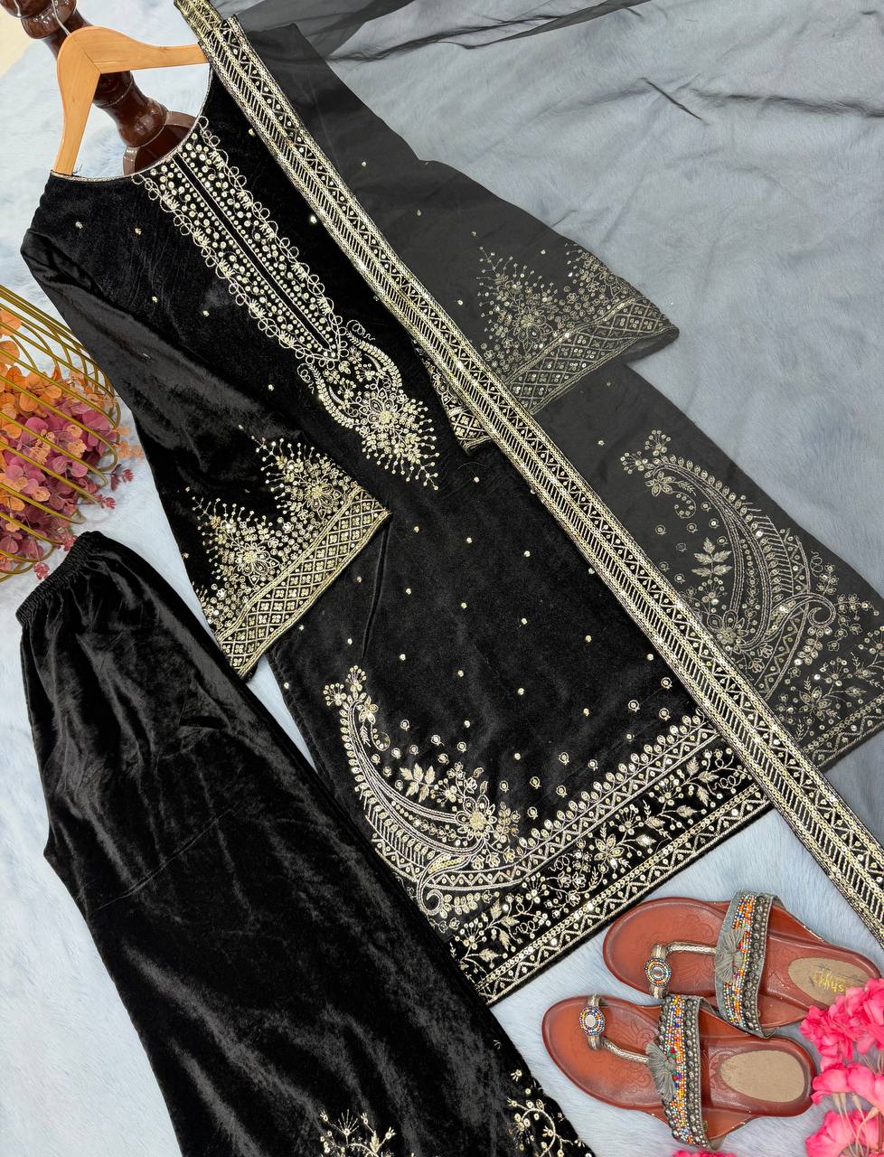 Winter Special Black and Blue Velvet Sharara Suit