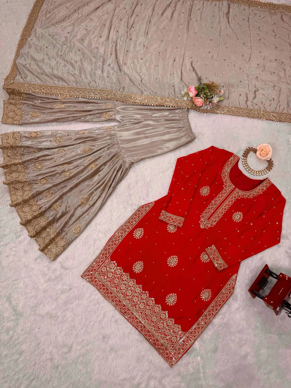Charming Red Chinon Silk with Pearl Work Sharara Suit