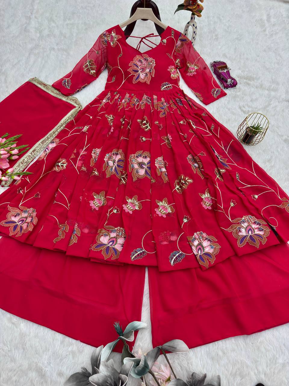 Lovely Pink Heavy Fox Georgette Embroidery Work Gown