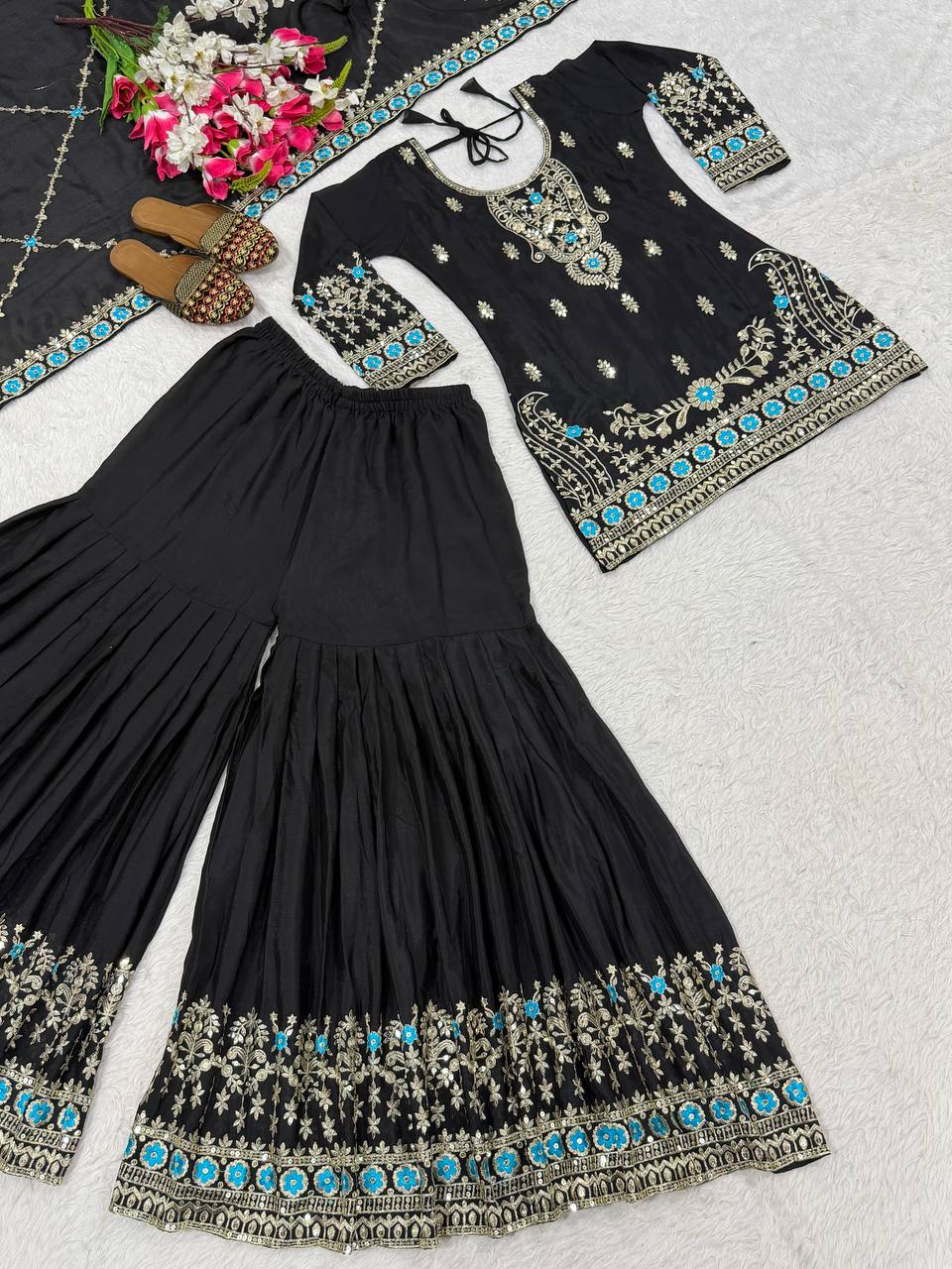 Elegant Black Heavy NC Vichitra Silk Embroidery Work Sharara Palazzo Set