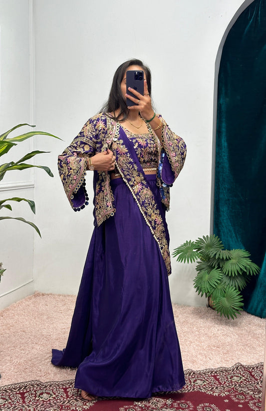 Presenting Embroidery Work Purple Color Ready To Wear Saree
