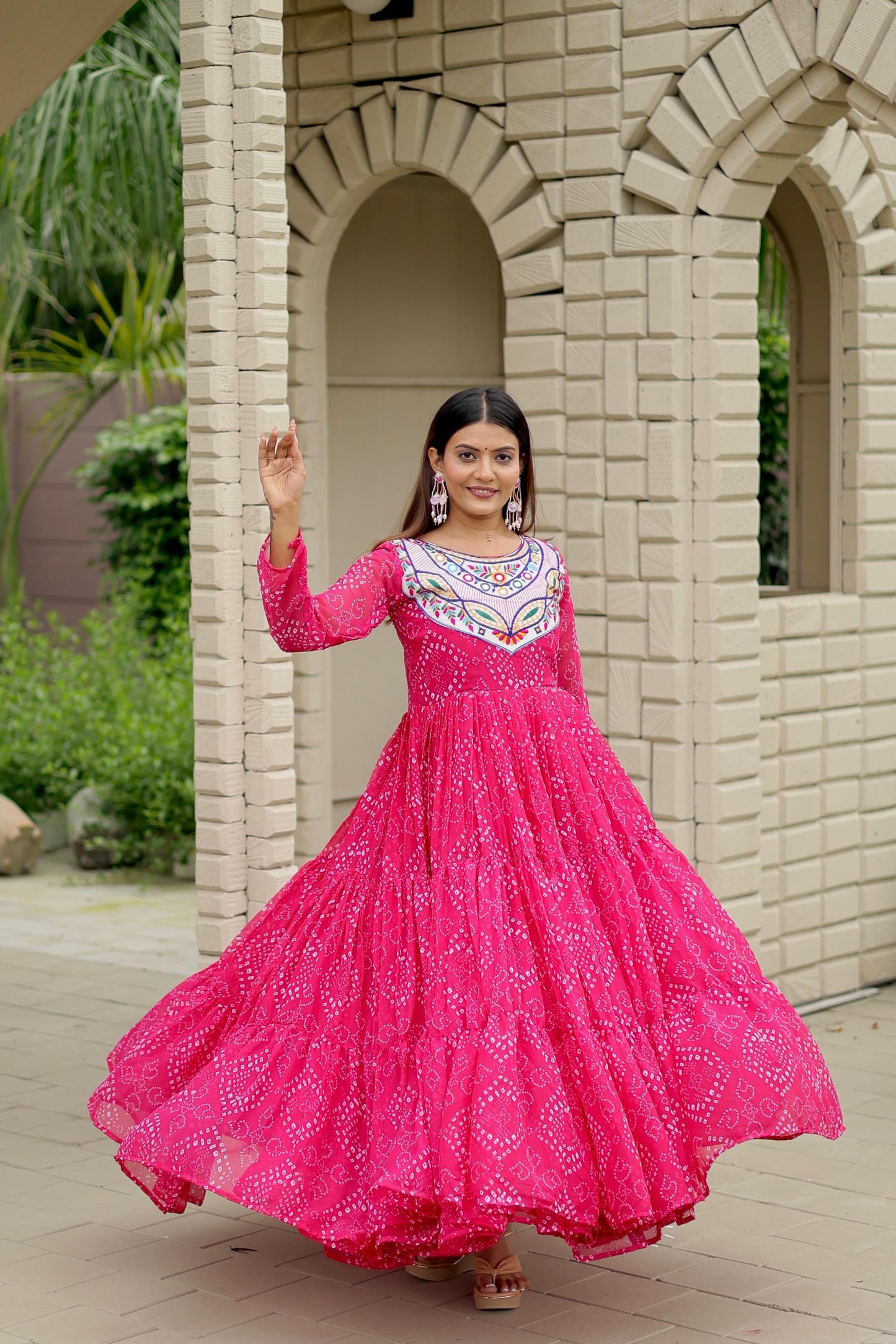 Navratri Wear Pink Georgette Embroidery Work Gown