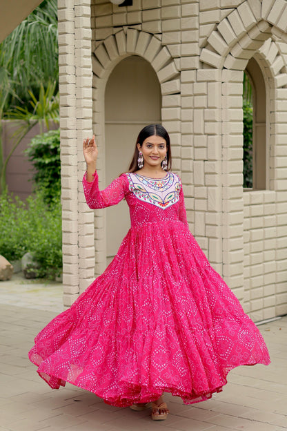 Navratri Wear Pink Georgette Embroidery Work Gown