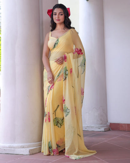Stylish Yellow Tabby Silk With Floral Printed Saree