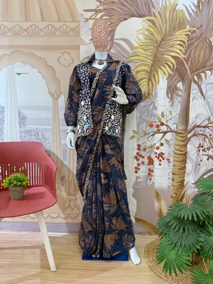 Ready To Wear Navy Blue Color Printed Saree With Koti