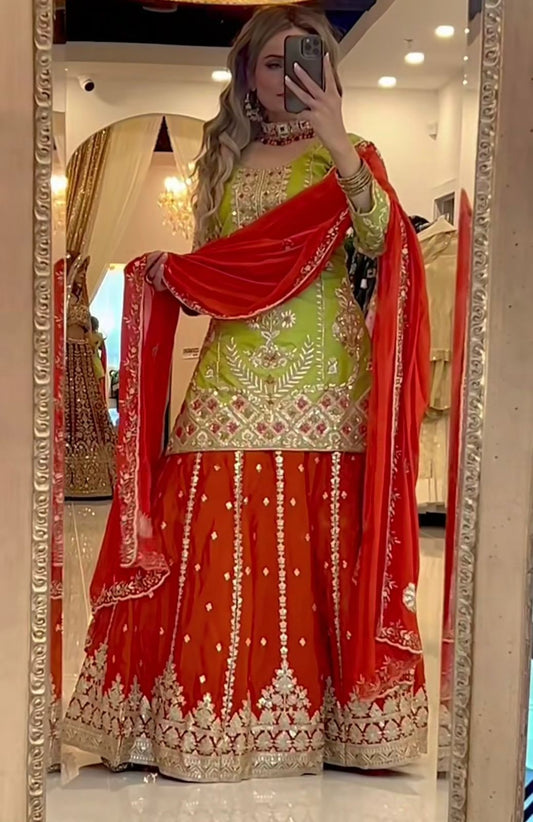 Beautiful Green Georgette Sequence Work Palazzo Suit