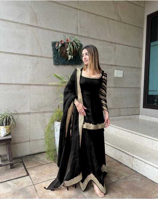 Stylish Designer Black Color Embroidery Work Sharara Suit