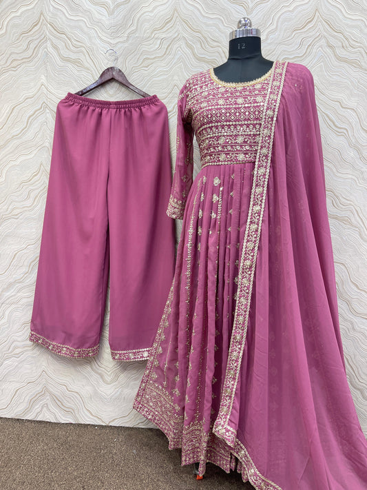 Mesmerizing Sequence Work Pink Color Nayra Cut Kurta Set