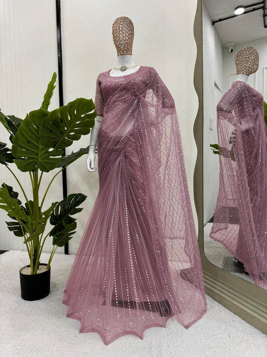 Thread With Sequence Work Pink Color Net Saree