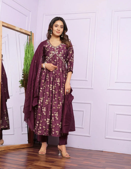 Ravishing Wine Color Aalia Cut Kurta Set With Dupatta