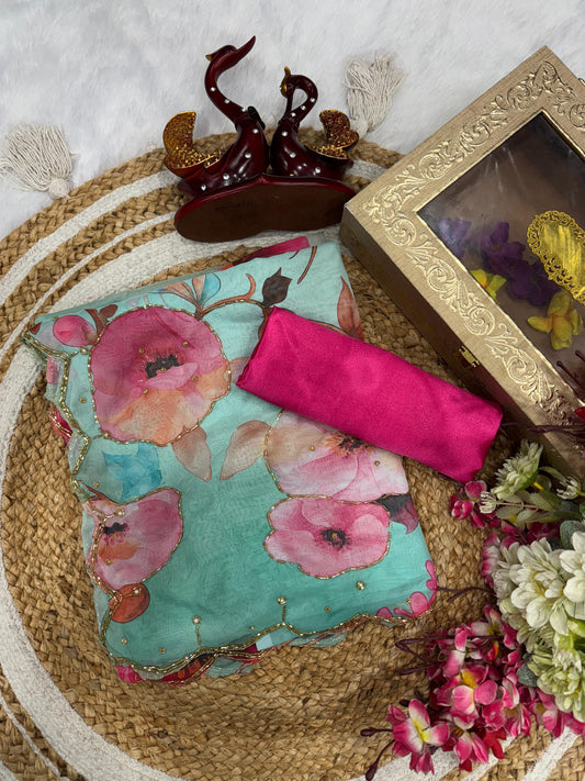 Sky Blue Flower Printed Color Silk Saree