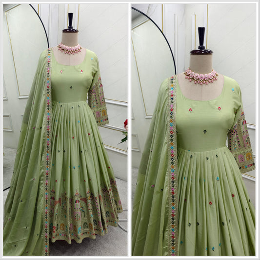 Beautiful Embroidery Work Pista Color Anarkali Gown