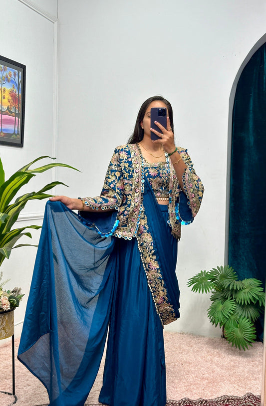 Presenting Embroidery Work Navy Blue Color Ready To Wear Saree