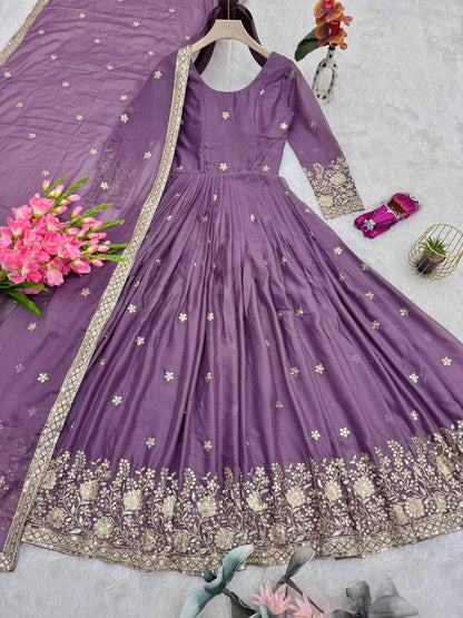 Charming Purple Heavy Diamond Silk Embroidery Work Gown
