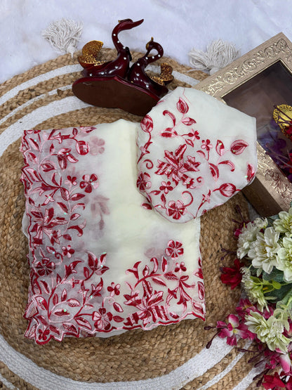 Ravishing White Color Thread Work Silk Saree