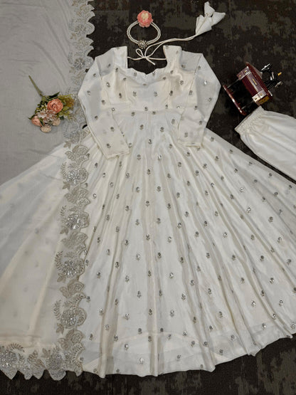 Flattering Sequence Work White Color Anarkali Gown