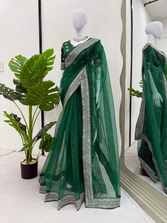 Green Color Diamond Work Organza Silk Saree