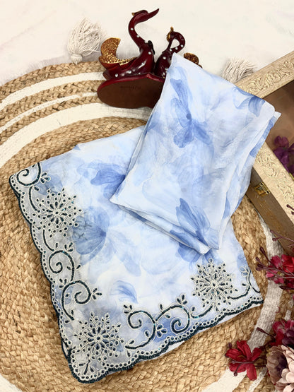 Precious Sky Blue Beautiful Printed Silk Saree