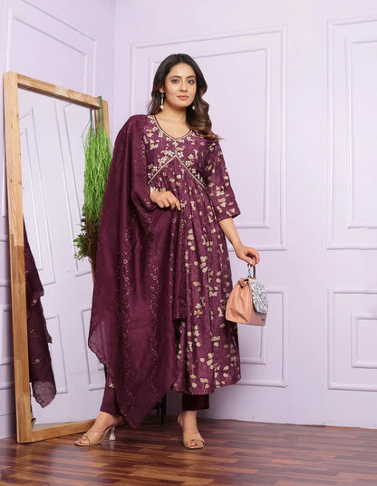 Ravishing Wine Color Aalia Cut Kurta Set With Dupatta
