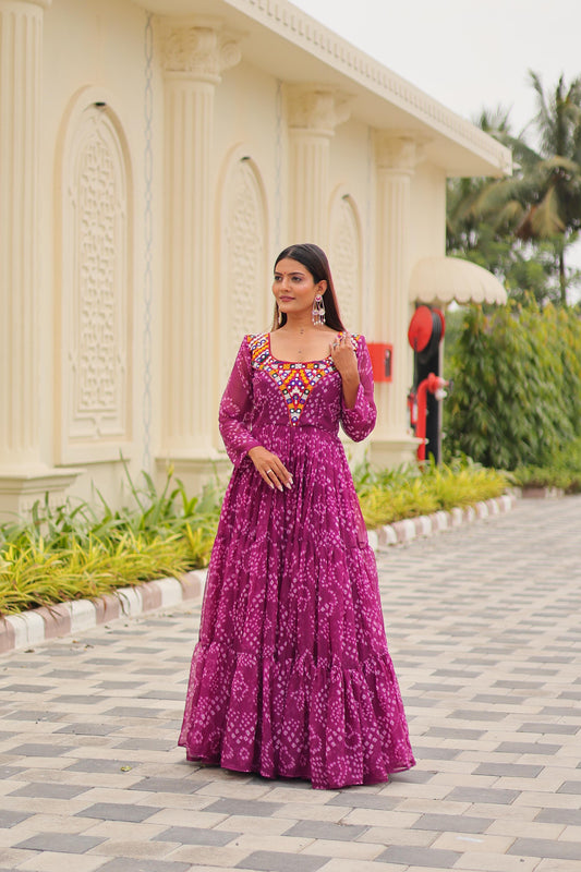 Navratri Collection Purple Color Stylish Georgette Gamthi Work Gown