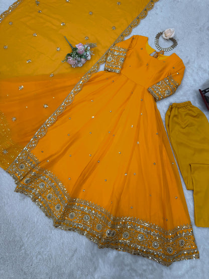 Outstanding Yellow Color Georgette Gown With Dupatta