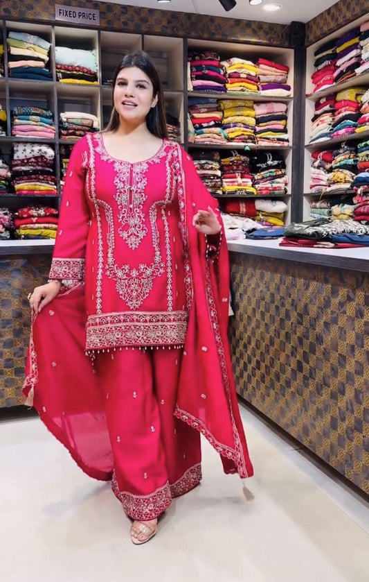 Preferable Pink Chinon Silk Embroidery Work Palazzo Suit
