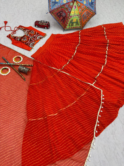 Ravishing Orange Georgette Print Work Lehenga Choli