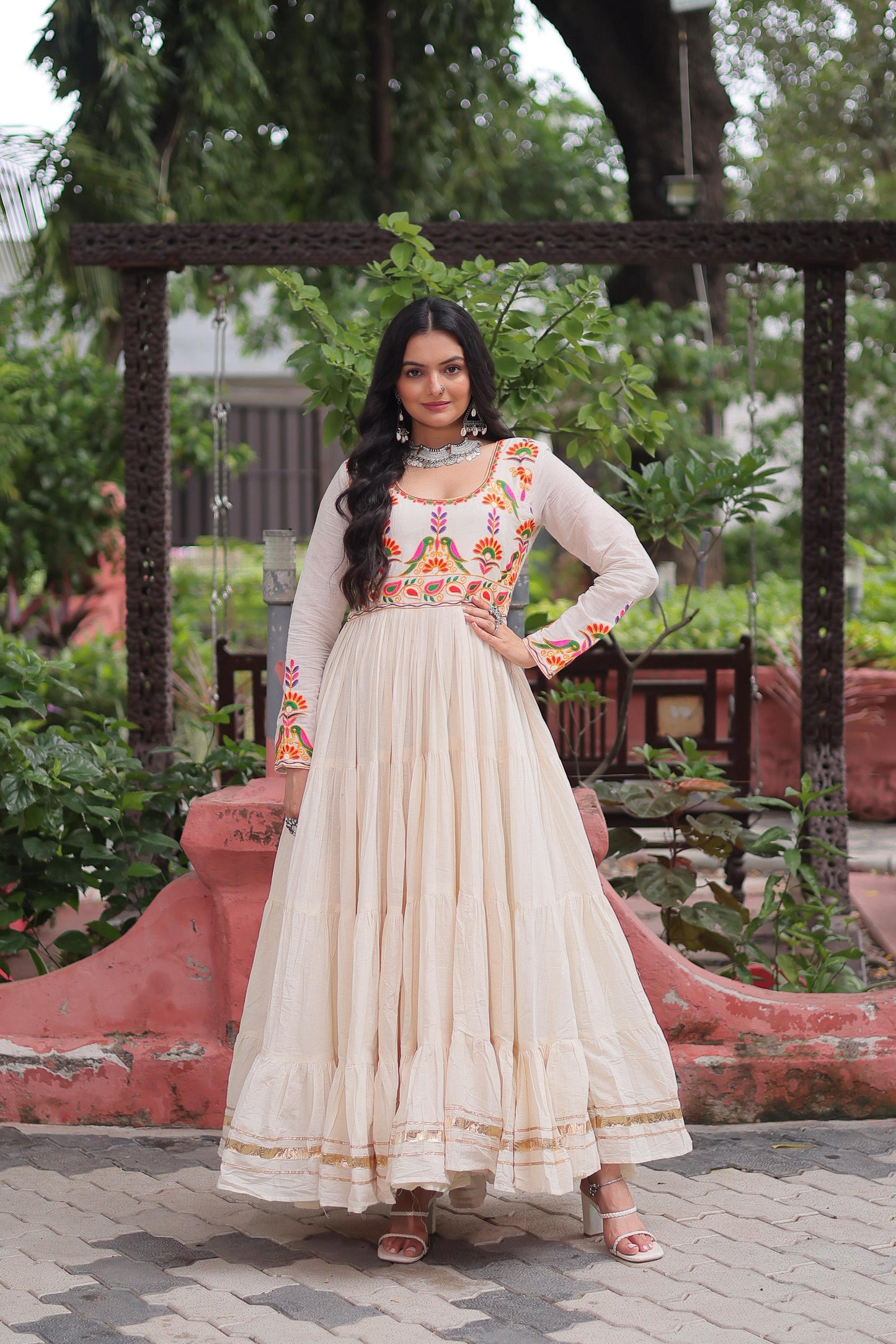 Lovely White Cotton Embroidered Gown For Navratri Wear