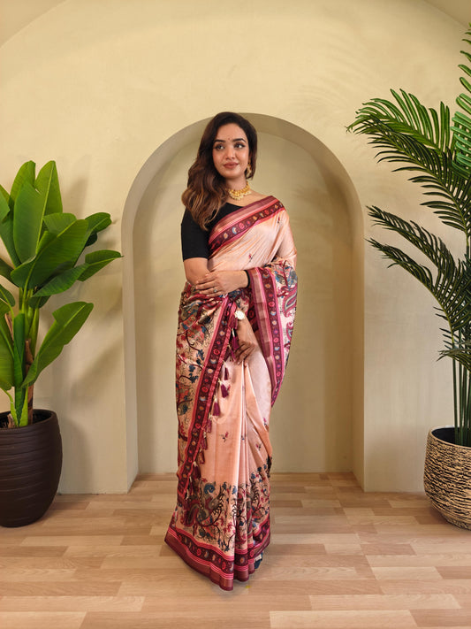 Peach Color Beautiful kalamkari Digital Print Saree