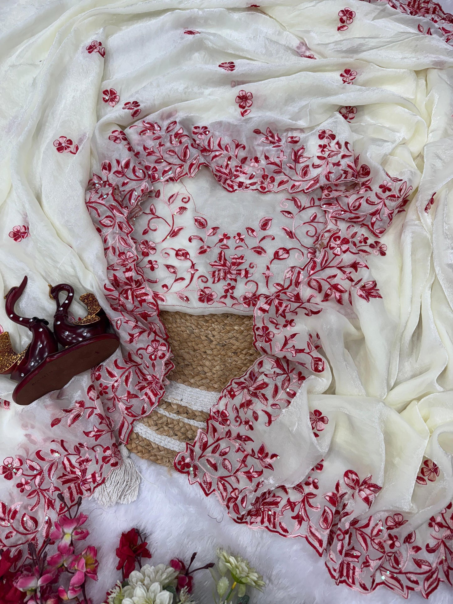 Ravishing White Color Thread Work Silk Saree