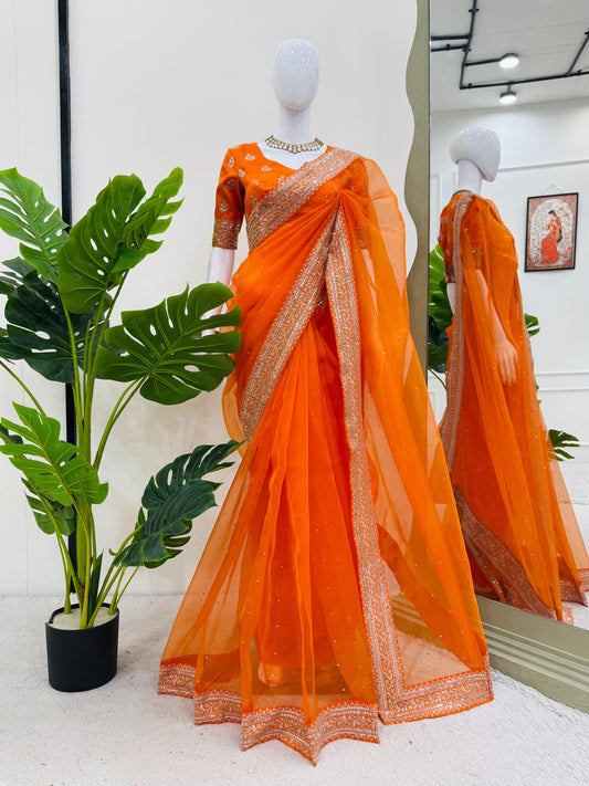 Orange Color Diamond Work Organza Silk Saree