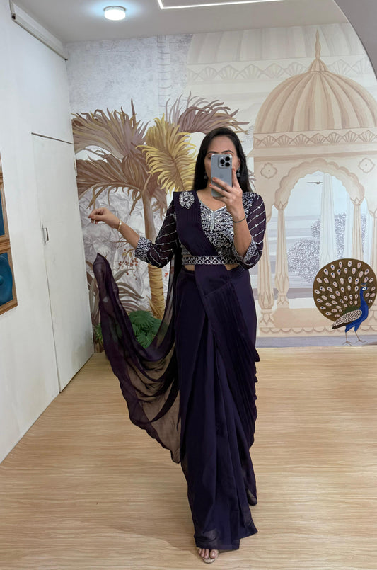 Wedding Wear Embroidery Work Purple Color Ready To Wear Saree