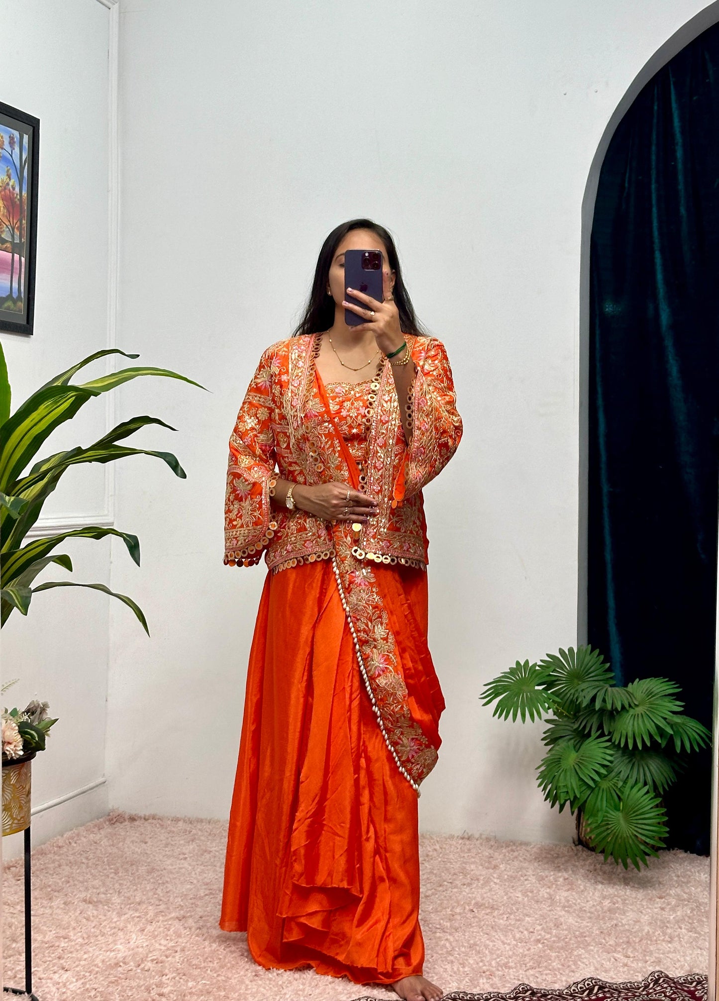 Presenting Embroidery Work Orange Color Ready To Wear Saree