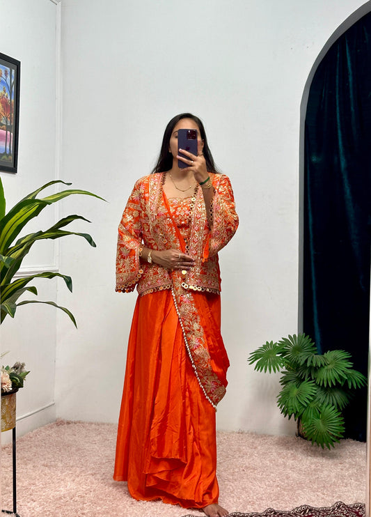 Presenting Embroidery Work Orange Color Ready To Wear Saree