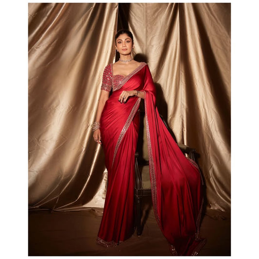 Fantastic Rangoli Silk Embroidery Work Red Color Saree