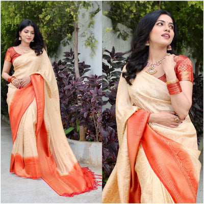 Cream Kanjivaram Soft Silk Banarasi Saree