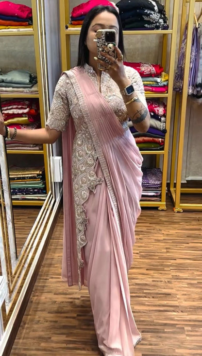 Classy Chinon Embroidery Work Peach Color Ready To Wear Saree