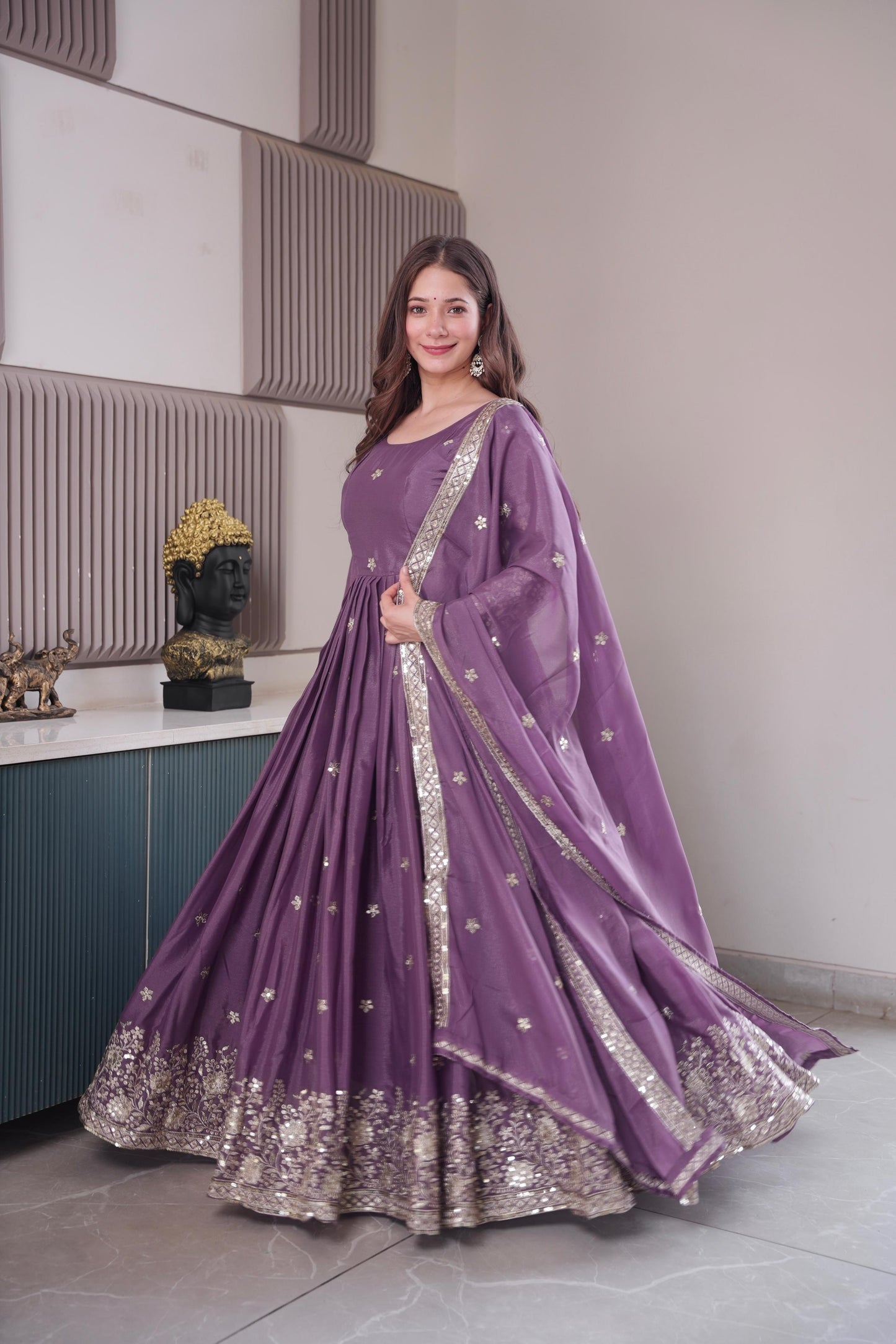 Charming Purple Heavy Diamond Silk Embroidery Work Gown