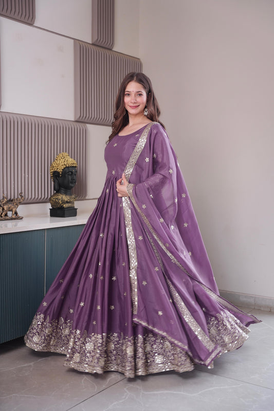 Charming Purple Heavy Diamond Silk Embroidery Work Gown