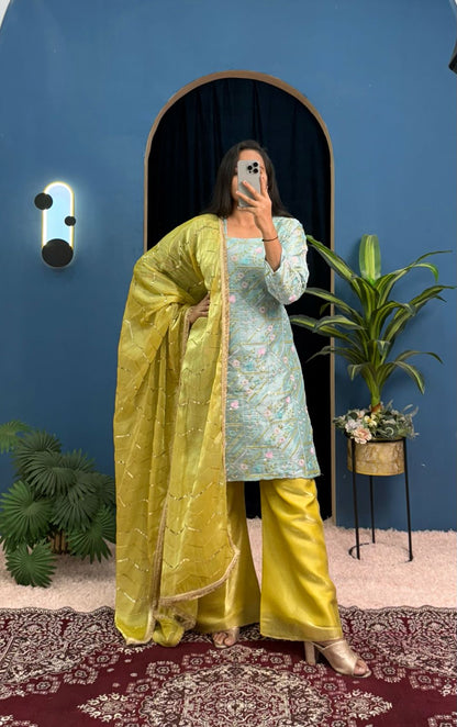 Superhit Jimmy Choo Sky Blue & Yellow Color Palazzo Suit